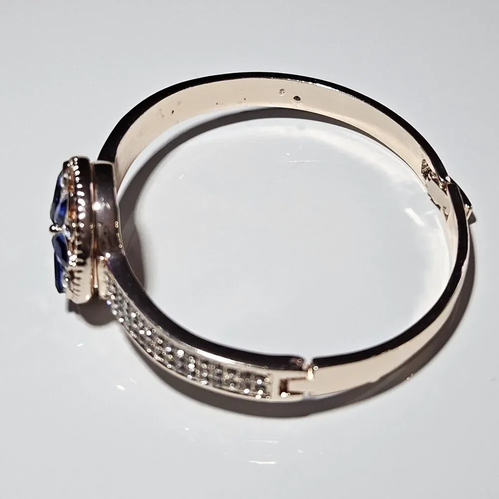 Rose Gold Snap Bracelet Blue And Clear Rhinestone Flower Approx 7